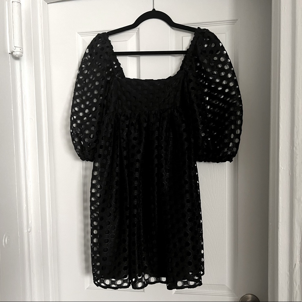 Urban Outfitters Black Bubble Babydoll dress with navy slip and puff sleeves